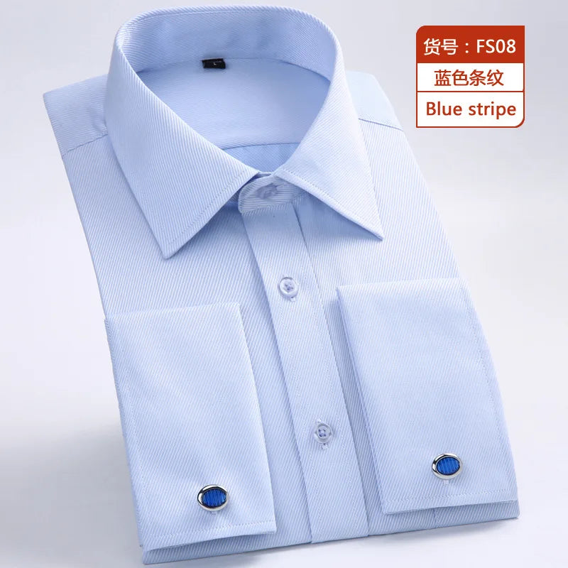 New M~6XL Cotton Men's French Cuffs Business Long Sleeve Shirt Stripes Comfortable Standard Elegant Formal Shirts Cufflink Top