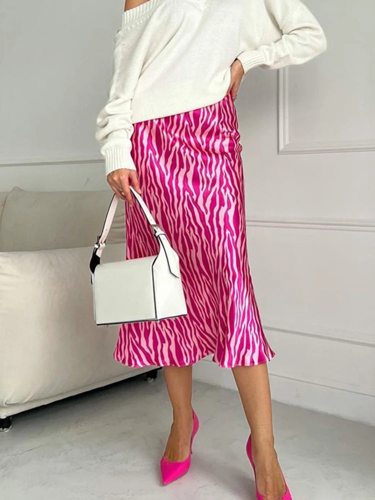 2023 Summer Autumn Women Elegant Midi Satin Skirts Printed High Waist Office Ladies Bodycon Pencil Slim Skirt For Women