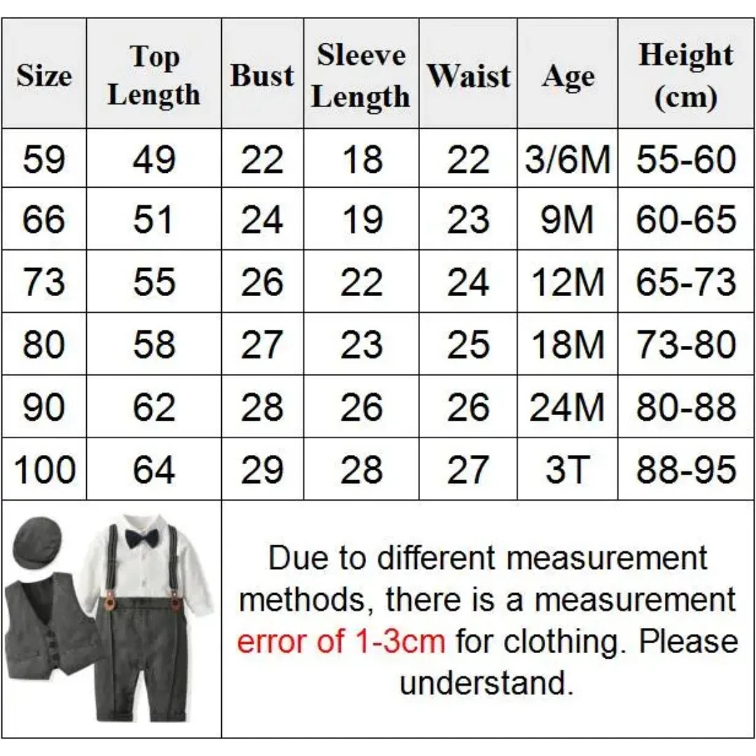 Newborn Baby Boy Formal Gentleman Romper Set – Vest, Hat, Bow & Strap Outfit