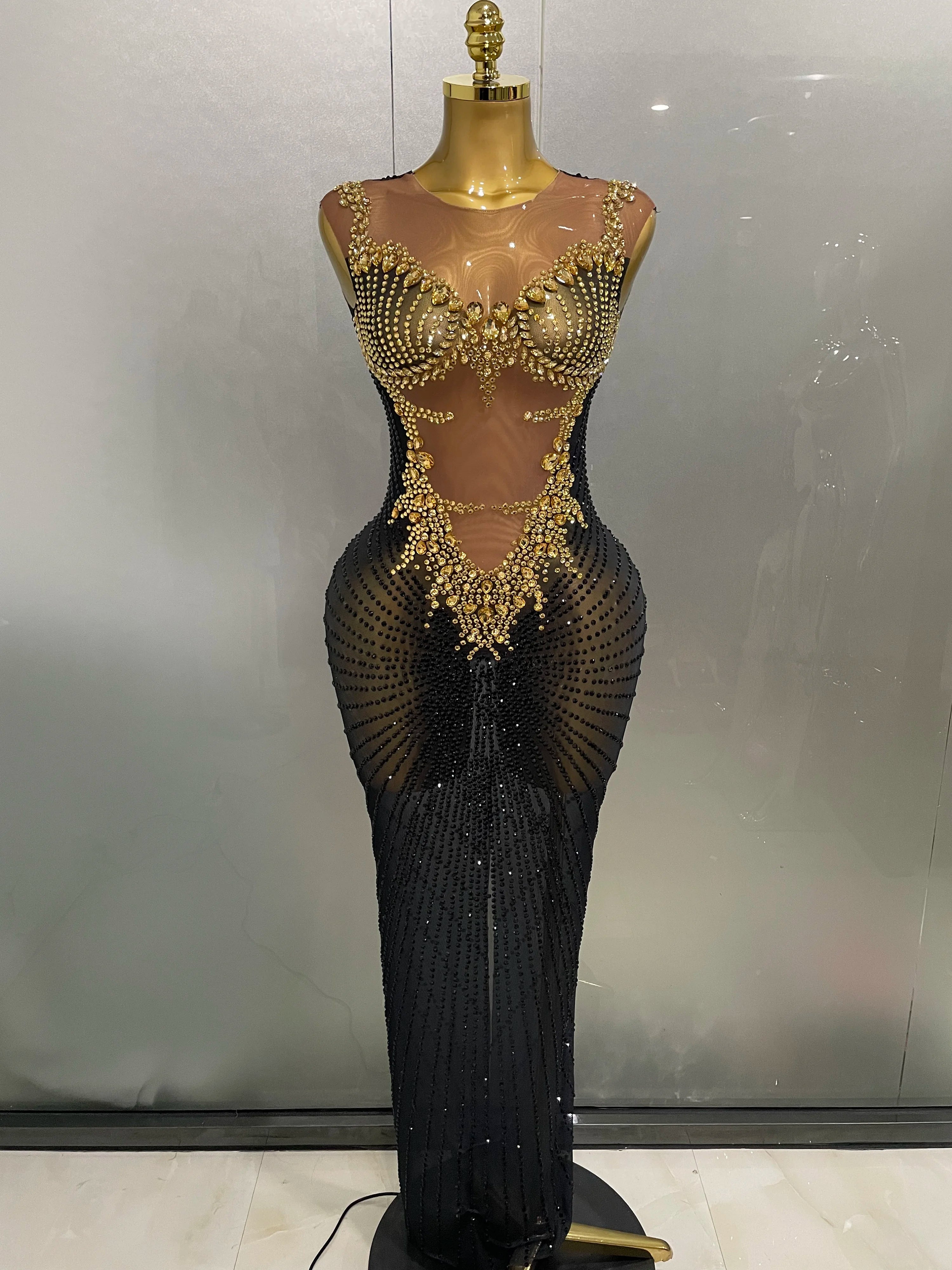 Women's Sparkly Rhinestone Sleeveless Maxi Dress – Glam Evening Gown for Birthday & Stage