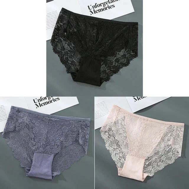 3Pcs Women's Plus Size Panties Lace Lingerie Solid Color Brief High Waisted Triangle Panty Brief Comfort Intimate 1-4XL Lingerie
