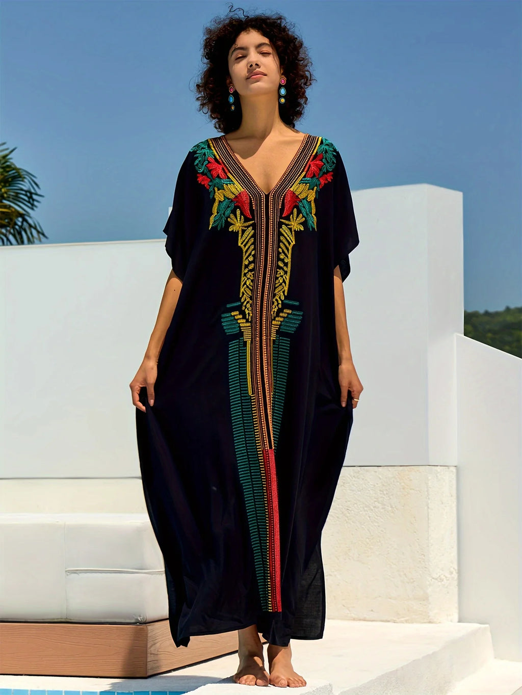 Embroidered Women Loose Black Kaftan Summer Beach Dress Bohemian Holiday Swimsuit Coverup Cozy Robe Outfit dropshipping