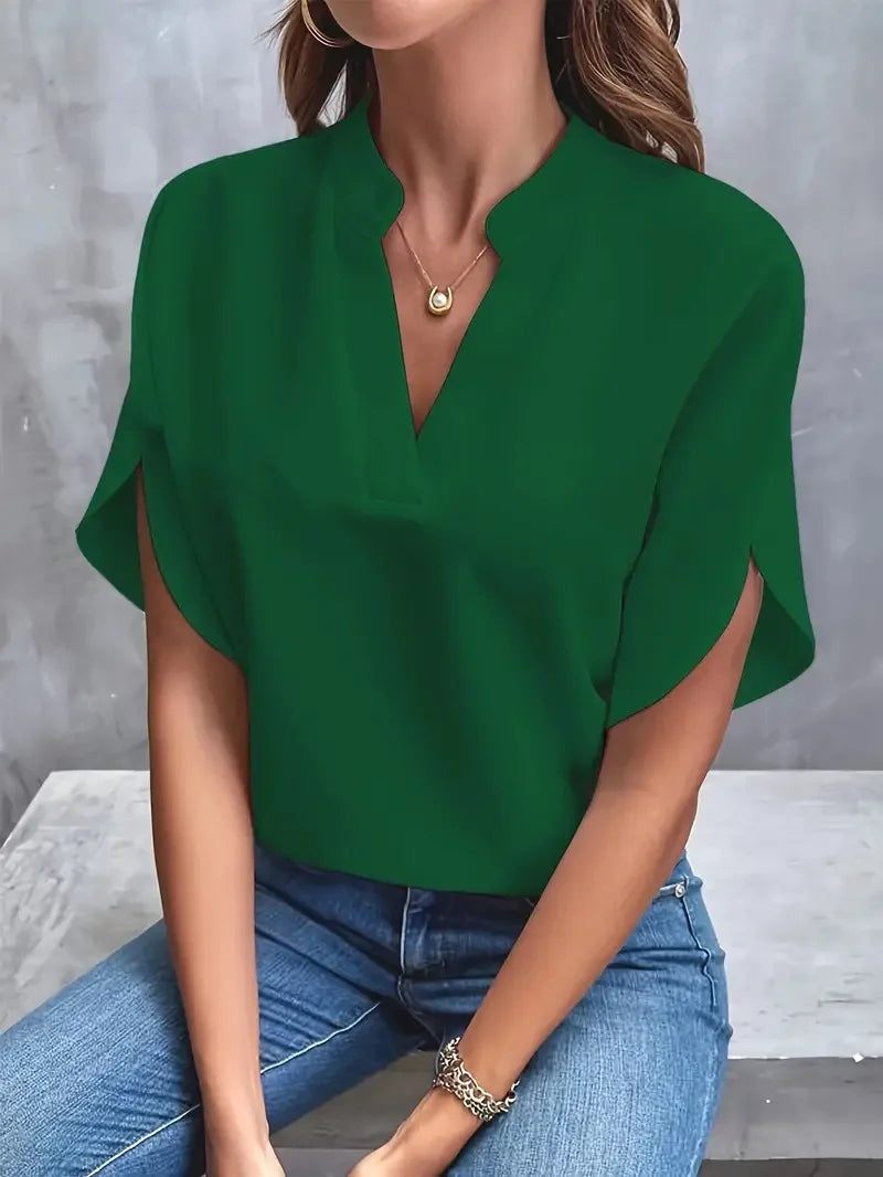 VEITCHE Summer Women Casual Solid Blouse Women Fashion V-neck Half Sleeve Shirts Office Elegant Pullover Loose Blusas Tops