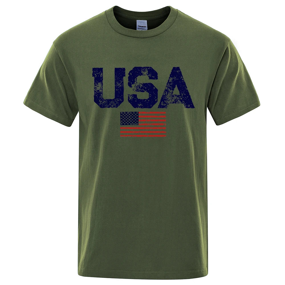 Men's Vintage USA Flag Street Print T-Shirt — Casual Cotton Tee