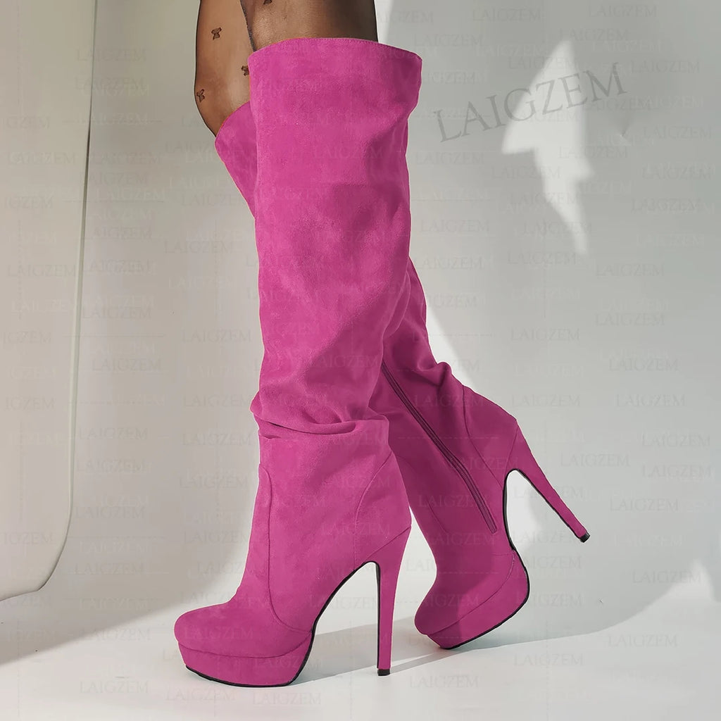 LAIGZEM Women Over Knee High Boots Faux Suede Zip Pleated Thin High Heels Boots Handmade Ladies Shoes Woman Big Size 41 43 45 52
