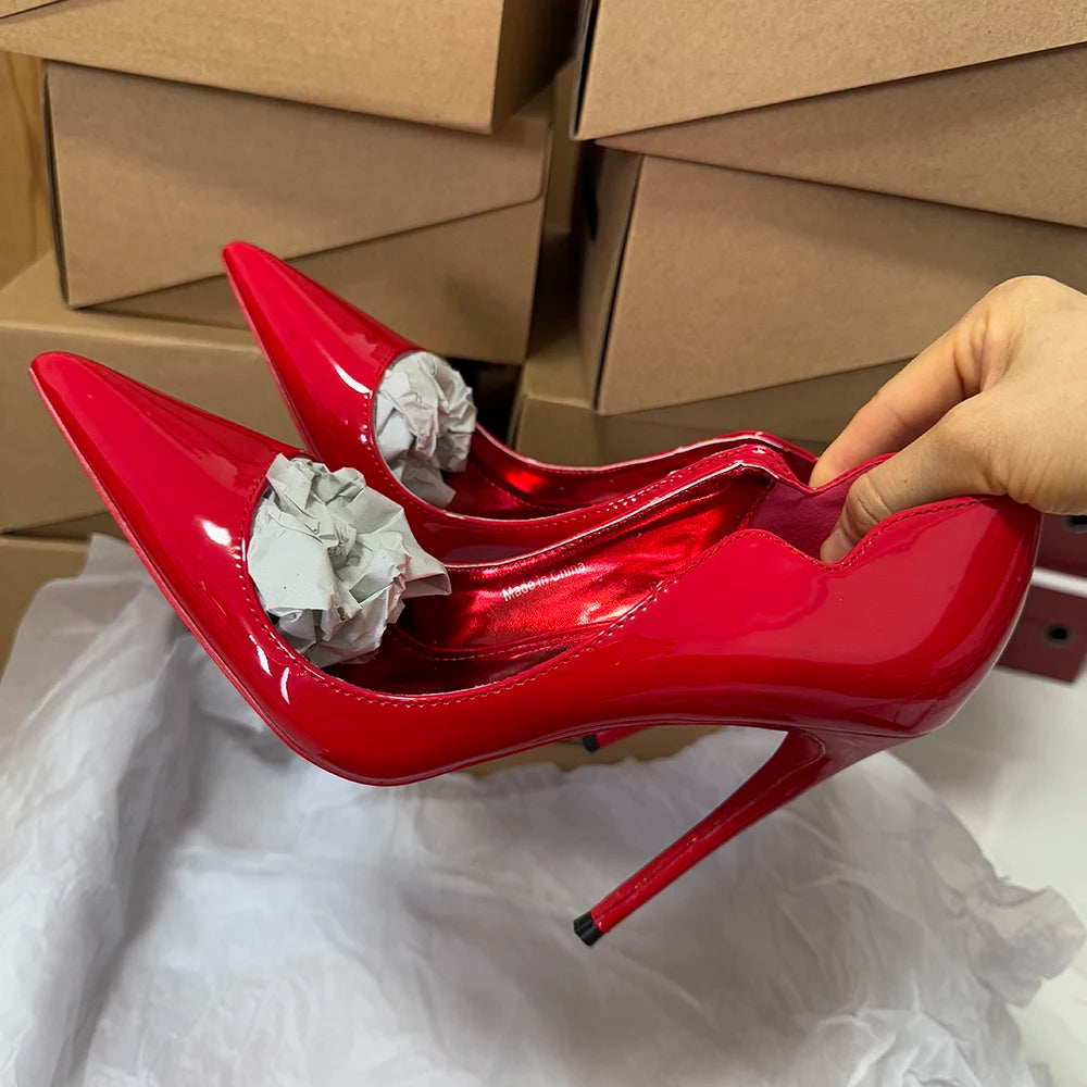 Veowalk Wave Cut Women Pointed Toe Stiletto Pumps Fashion Design Red Inside Slip On 12cm High Heel Shoes Glossy Nude Black White