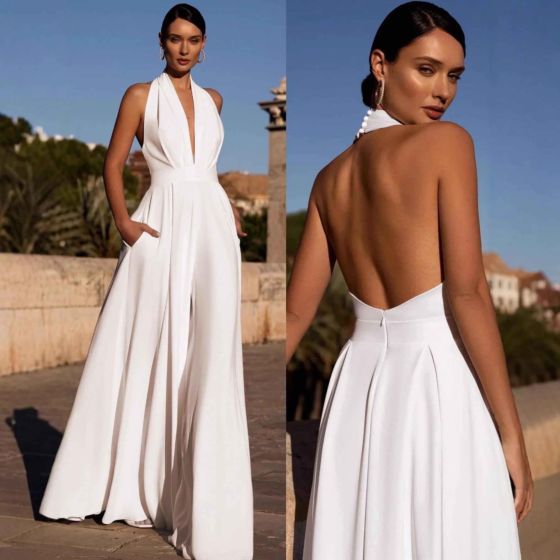 Temperament Elegant Halter Neck Jumpsuits Women Sexy Deep V-neck Backless High Waist Wide Leg Jumpsuit Solid Color Female New