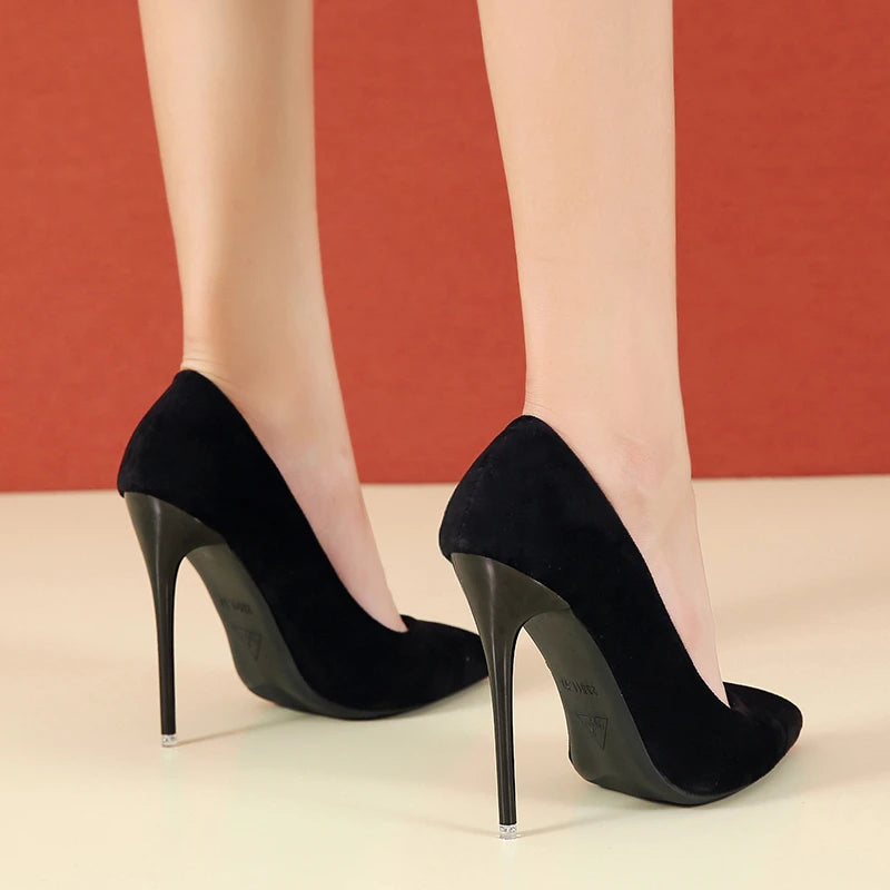 Fashion High Heels Red Black Plus Size 35-45 Women Shoes 12cm Stiletto Suede Wedding Shoes Sexy Pointed Toe Ladies Party Shoes