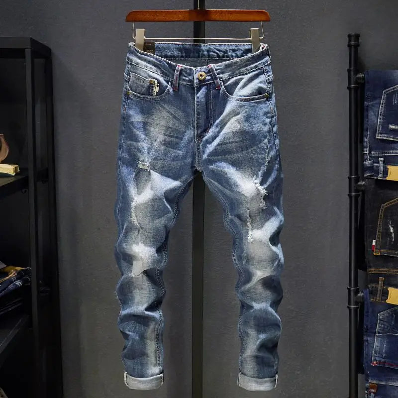 Men's Slim Fit Ripped Stretch Jeans – Distressed Denim