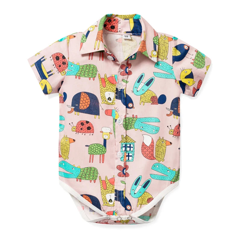 Newborn Boys Bodysuit with Bow Tie Cotton Baby Romper Soft Cartoon Animal Print Formal Short Sleeve Children Top Costume