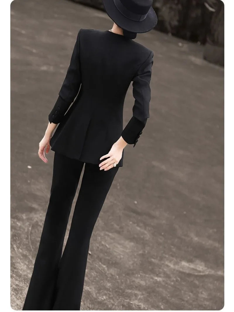 New Fashion Ruffles Blazer Suit Women Autumn High End Elegant V-neck Long Sleeve Jacket + Micro Flare Pants Two Piece Set