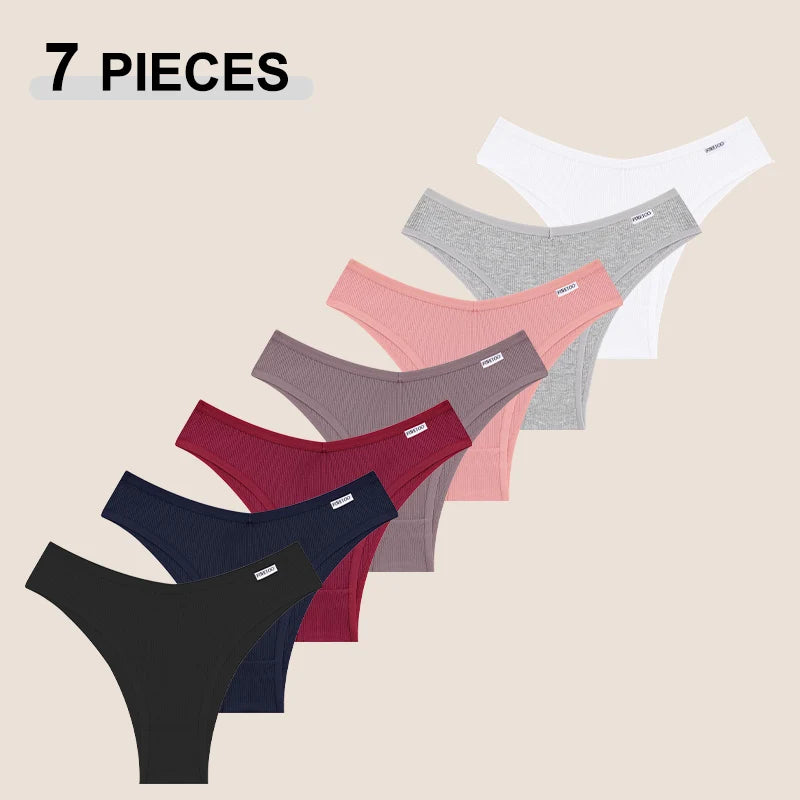 FINETOO 7PCS V-Waist Cotton Bikini Pants Seamless Low Rise T-Back Brazilian Underwear Comfortable Underpants Soft Girls Lingerie