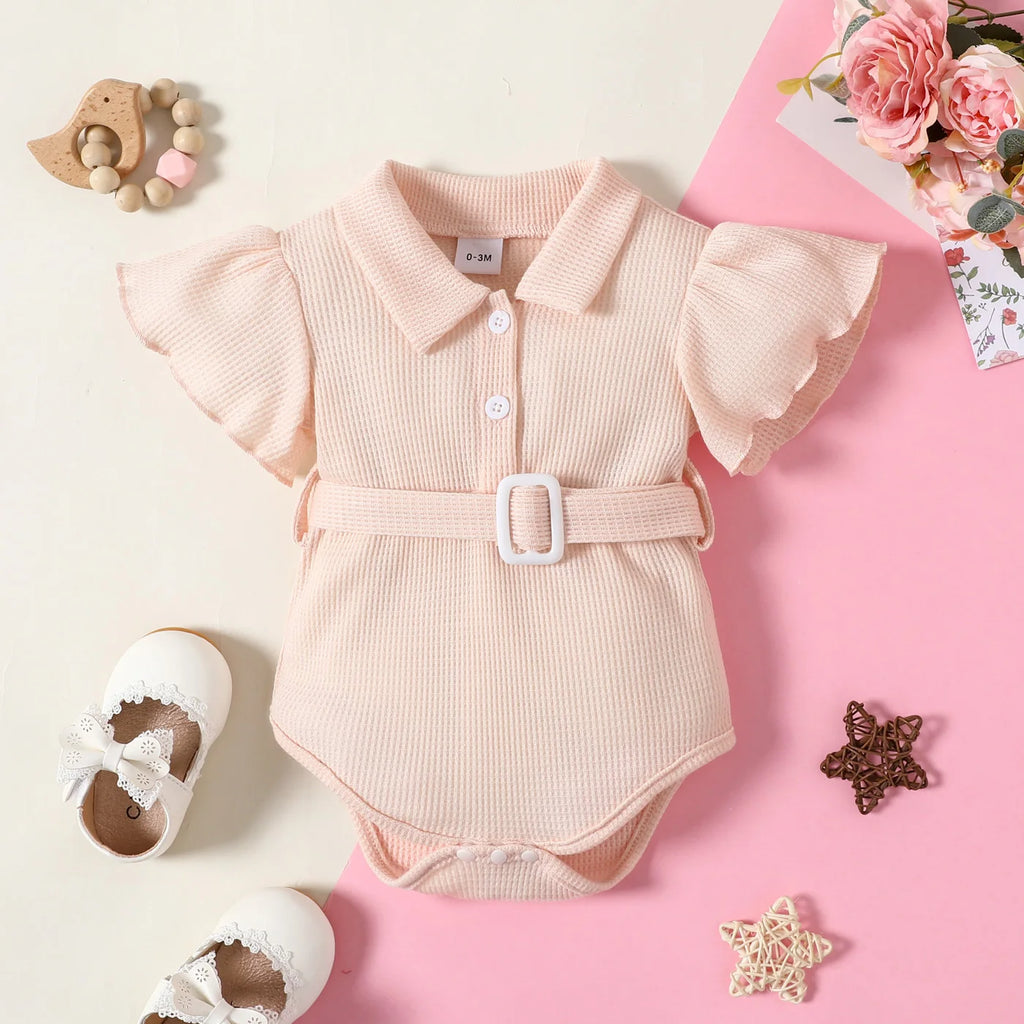Multi-color Fashion Girls Lapel Ruffled Sleeve Design Short Sleeve Onesie + Same Color Belt Single-breasted Placket Summer Suit