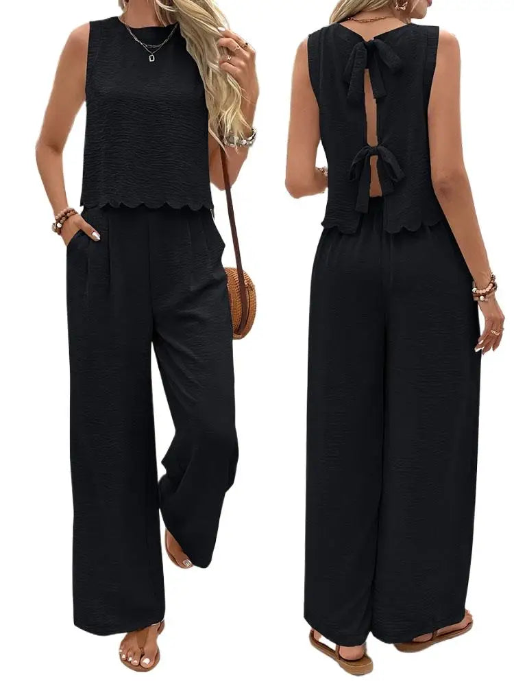 Women's 2-Piece Sleeveless Bow Knot Top & Elastic Wide Leg Pants Set – Casual Summer Outfit