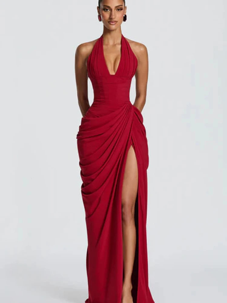 Women's Pleated Halter Backless Maxi Dress – Elegant Party Gown