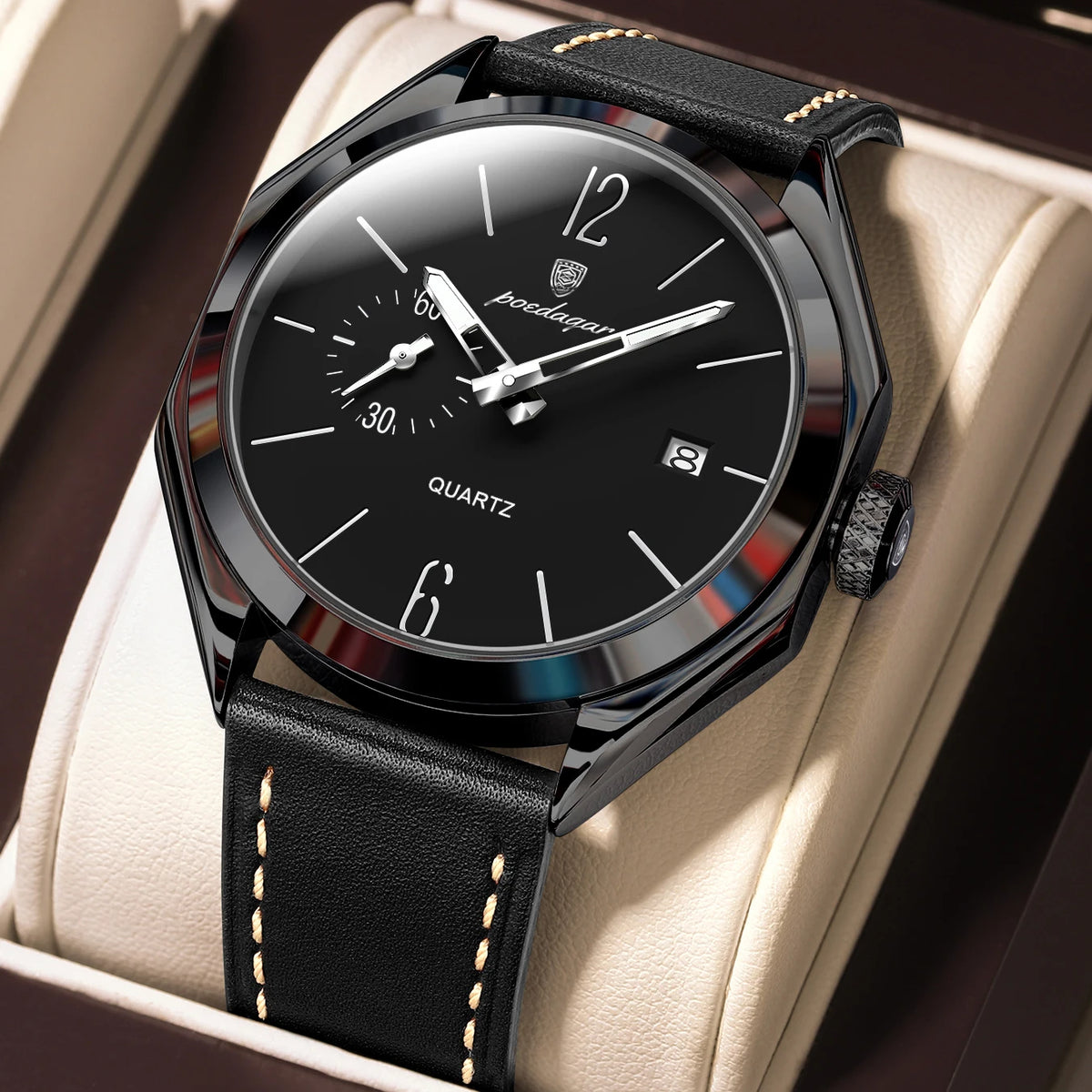 POEDAGAR Men's Leather Quartz Watch