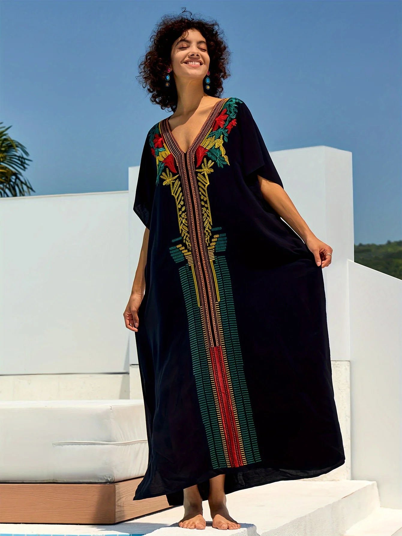 Embroidered Women Loose Black Kaftan Summer Beach Dress Bohemian Holiday Swimsuit Coverup Cozy Robe Outfit dropshipping
