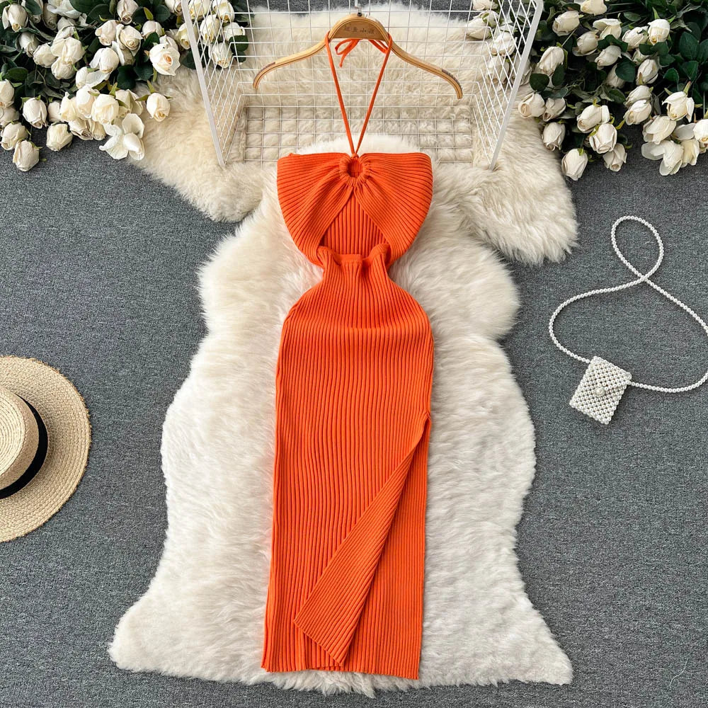 Women's Knit Bodycon Midi Dress — Sexy Slash Neck Split Streetwear