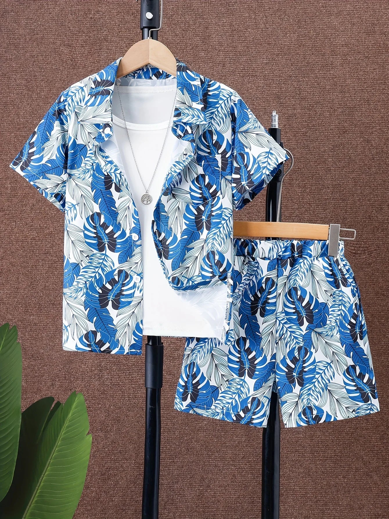 Boys 2025 New Summer Fashion Suit Hawaiian Full-Print Beach Boy Trendy Thin Shirt Shorts Two-Piece Set