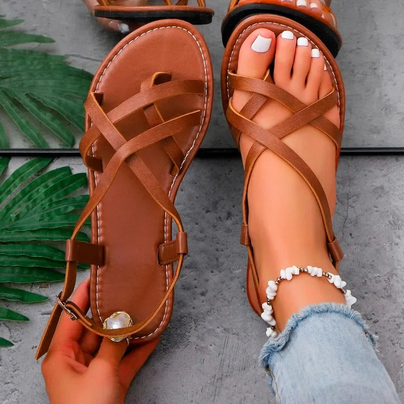 Women's Open Toe Flat Sandals – Metal Buckle Strap