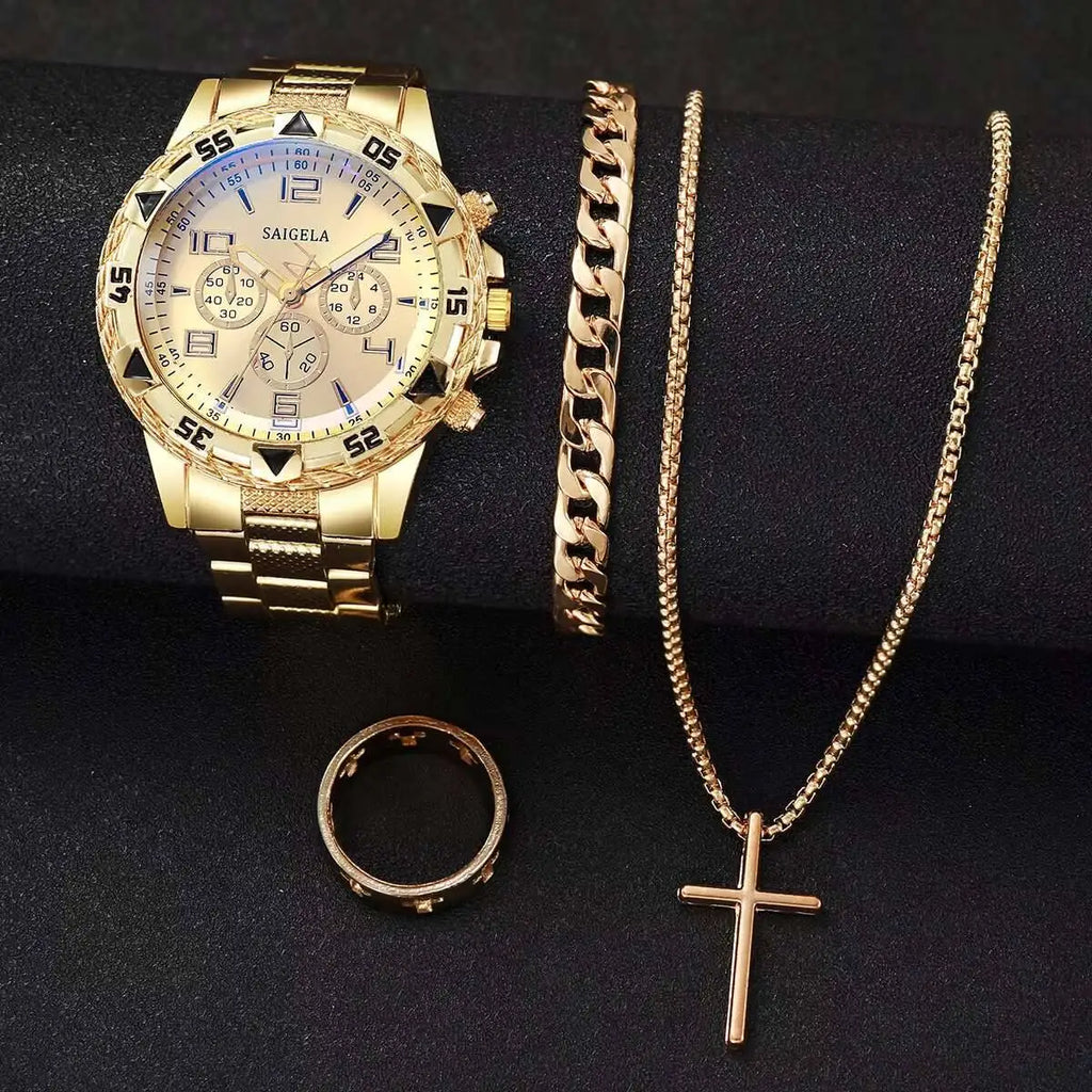 Men's 4-Piece Luxury Watch & Jewelry Set | Quartz Watch, Bracelet, Necklace & Ring