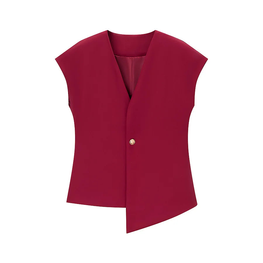 Women's V-Neck Buckle Vest & High Waist Wide-Leg Pants – Chic 2-Piece Office Set