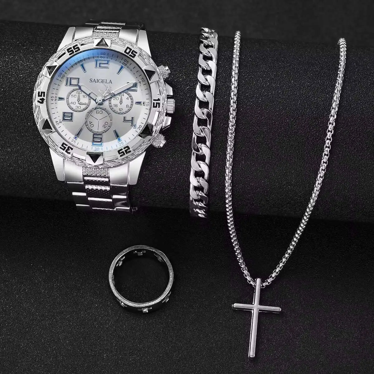 Men's 4-Piece Luxury Watch & Jewelry Set | Quartz Watch, Bracelet, Necklace & Ring