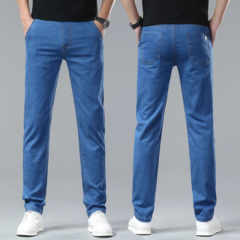 Men's Slim Straight Stretch Jeans – Lightweight Smart Casual Denim Pants