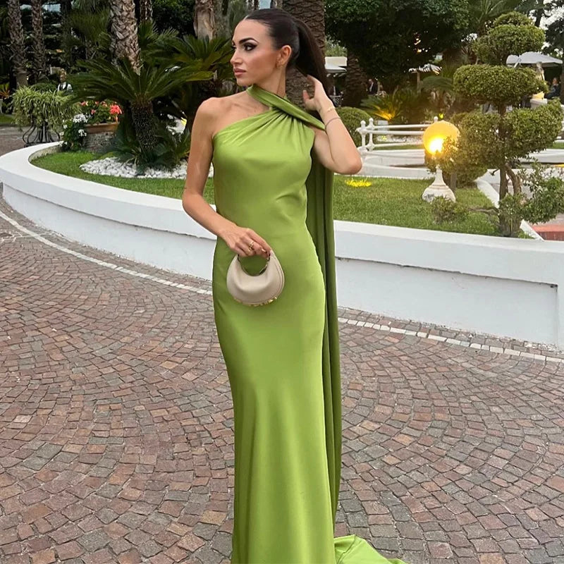 Women's Satin Halter Maxi Dress — Backless Slim Evening Gown
