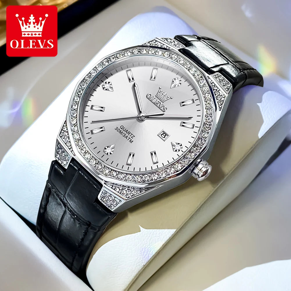 OLEVS 5606 Women's Luxury Diamond Quartz Watch – Leather Strap
