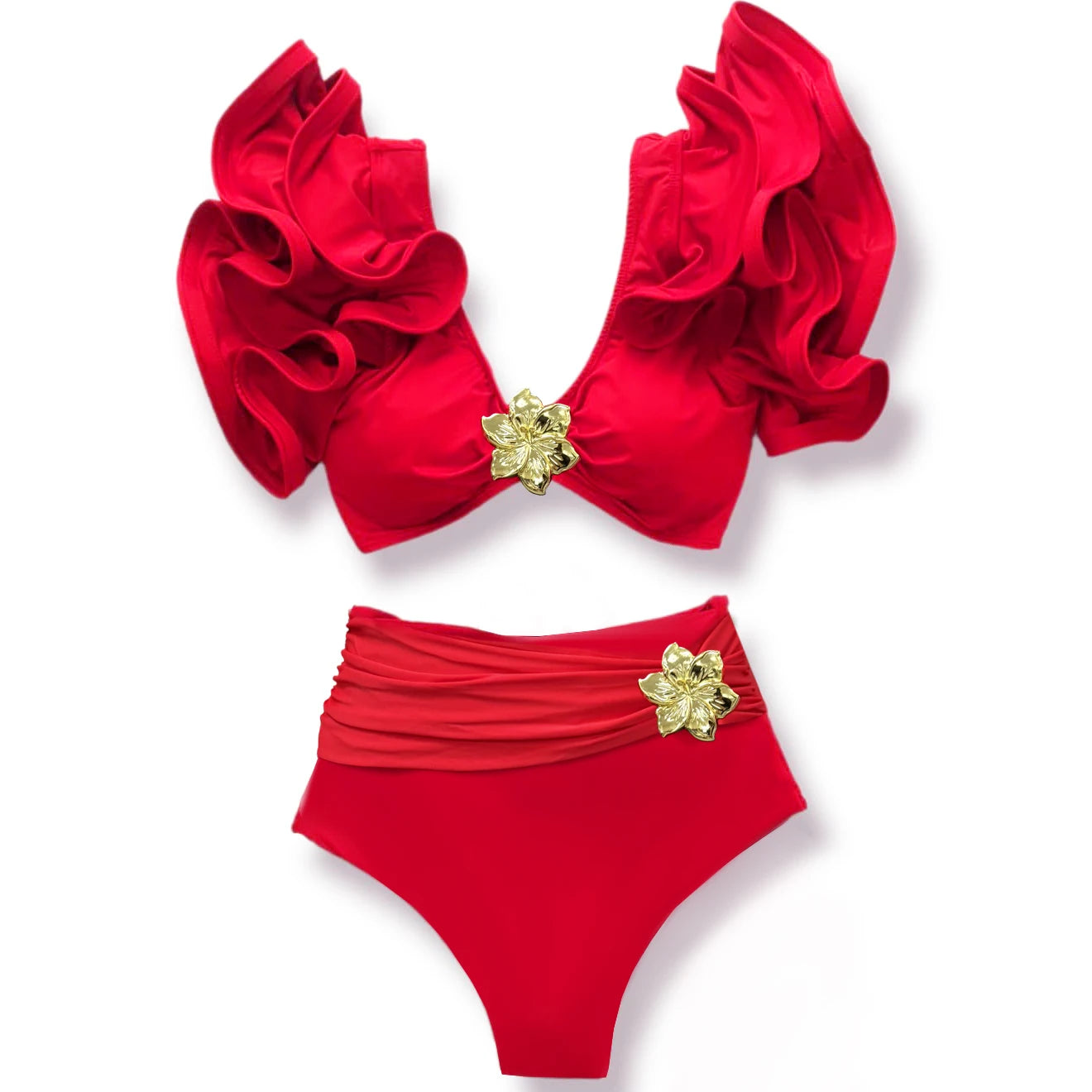 2025 New Sexy High Waist Bikini Sets Ruffle Swimwear Women Swimsuit Print Floral Dots V-neck Beach Wear Bathing Suits Biquini