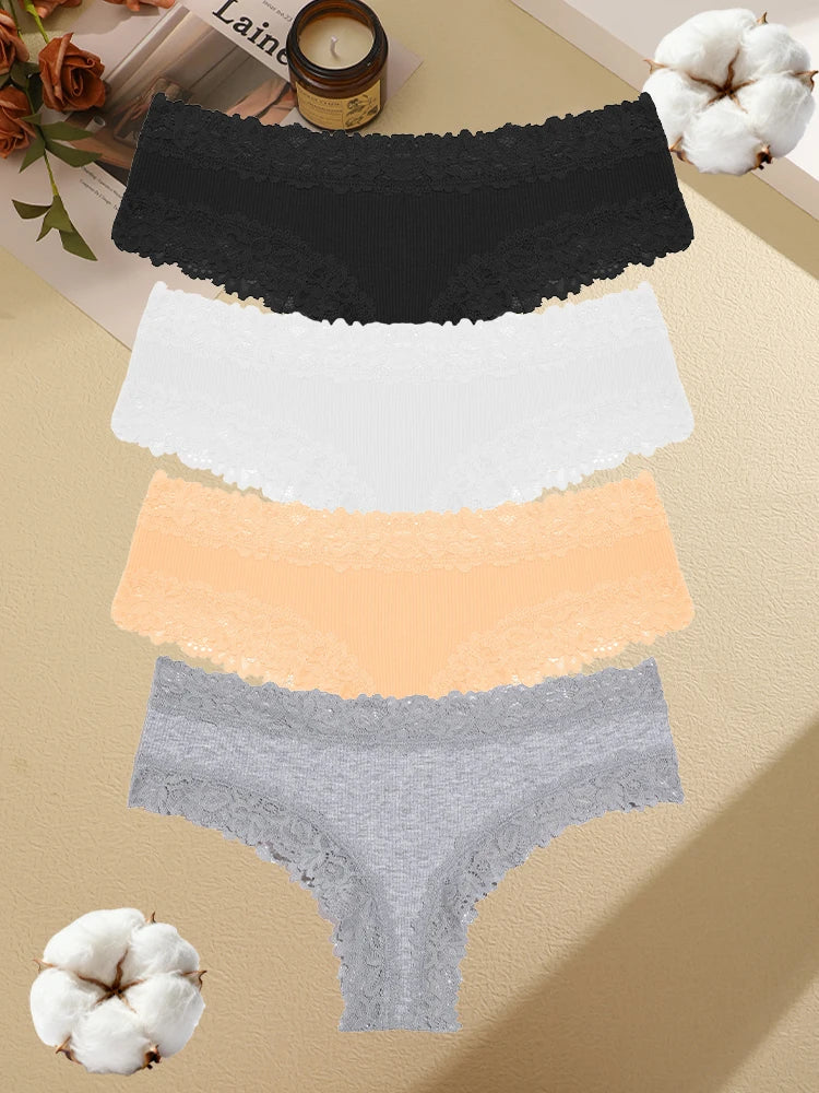 4PCS Seamless Cotton Fabric Panties For Women Sexy Lace Solid Color Brazilian Pants Female Soft Comfortable Bikini Underpants