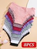 8PCS Women's Cotton Fabric Panties Sexy Lace Bowknot Solid Color Bikini Underpants Fashion Double Straps Comfortable Underwear