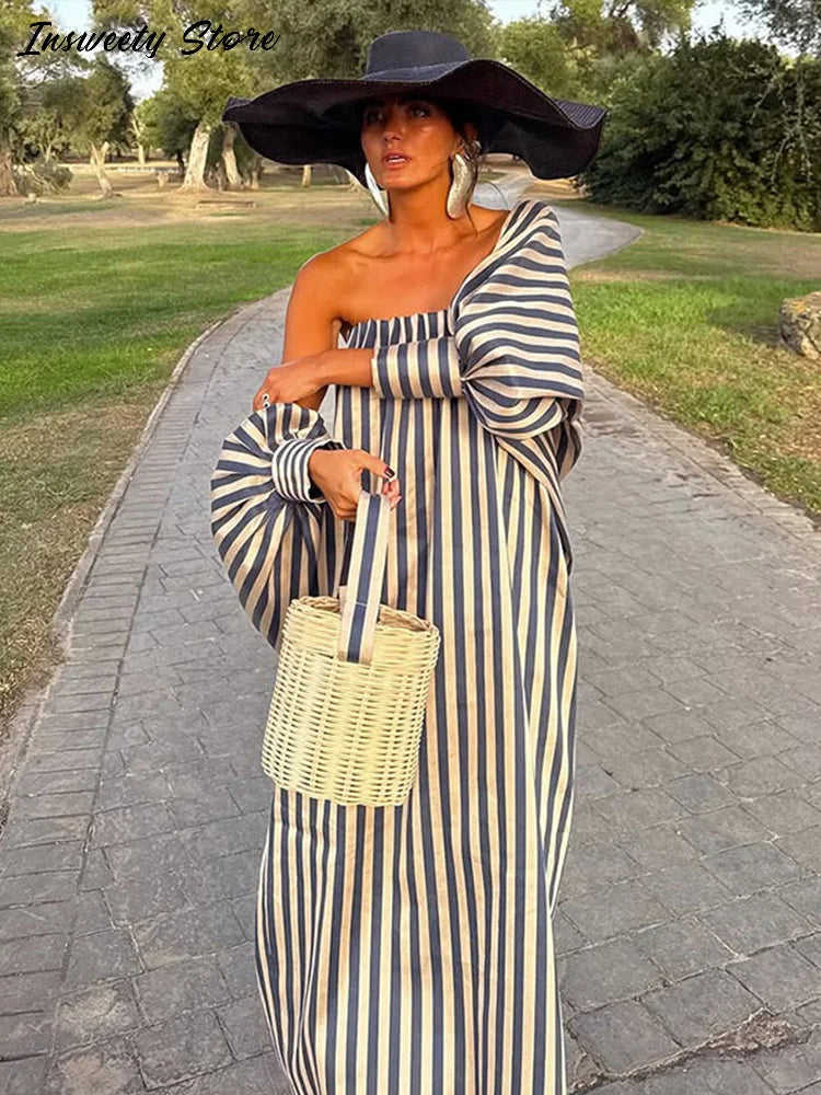 Women's Striped Strapless Maxi Dress with Detachable Capelet Shawl