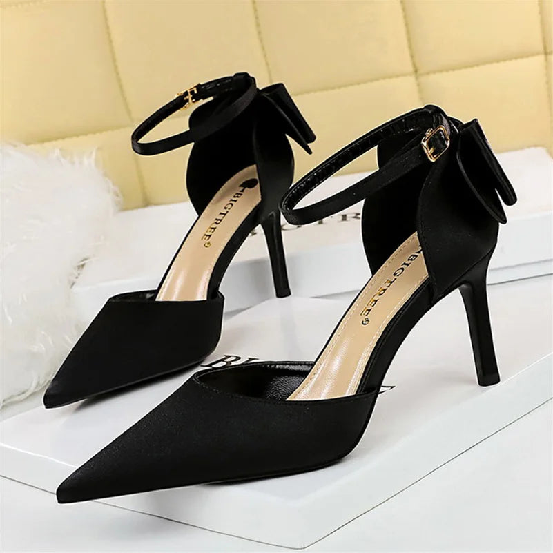 Women's High Heel Bow Sandals – Satin Ankle Strap Stiletto Heels 8cm & 10cm