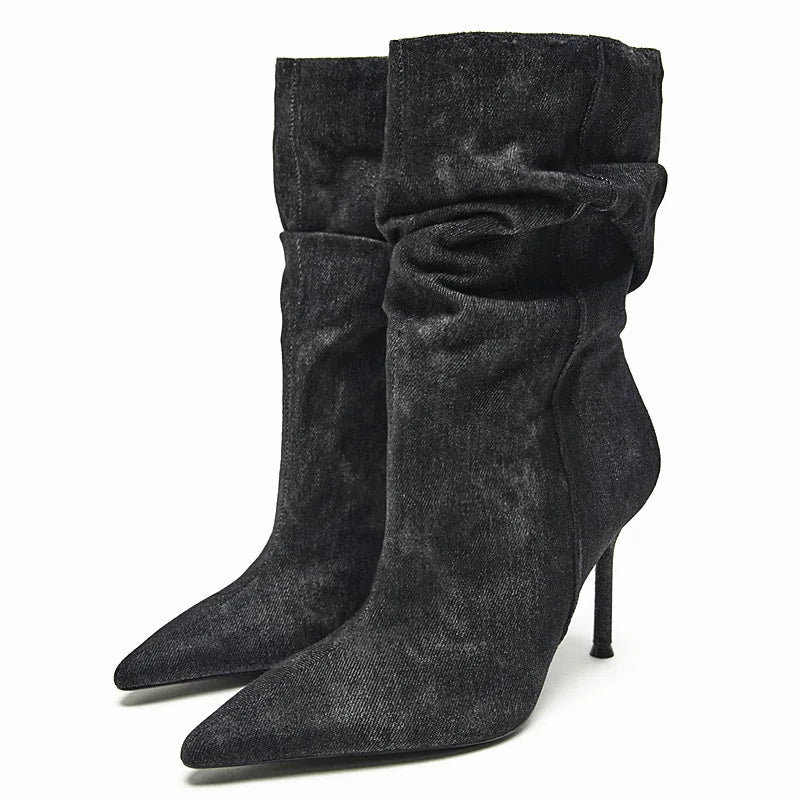 Women's Denim Knee-High Boots — Pointed Toe Stiletto
