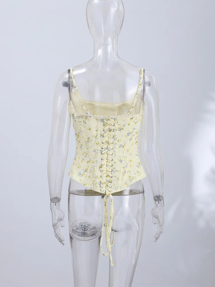 Women's Floral Fishbone Tank Top | Slim Sleeveless Back Lace-Up Blouse
