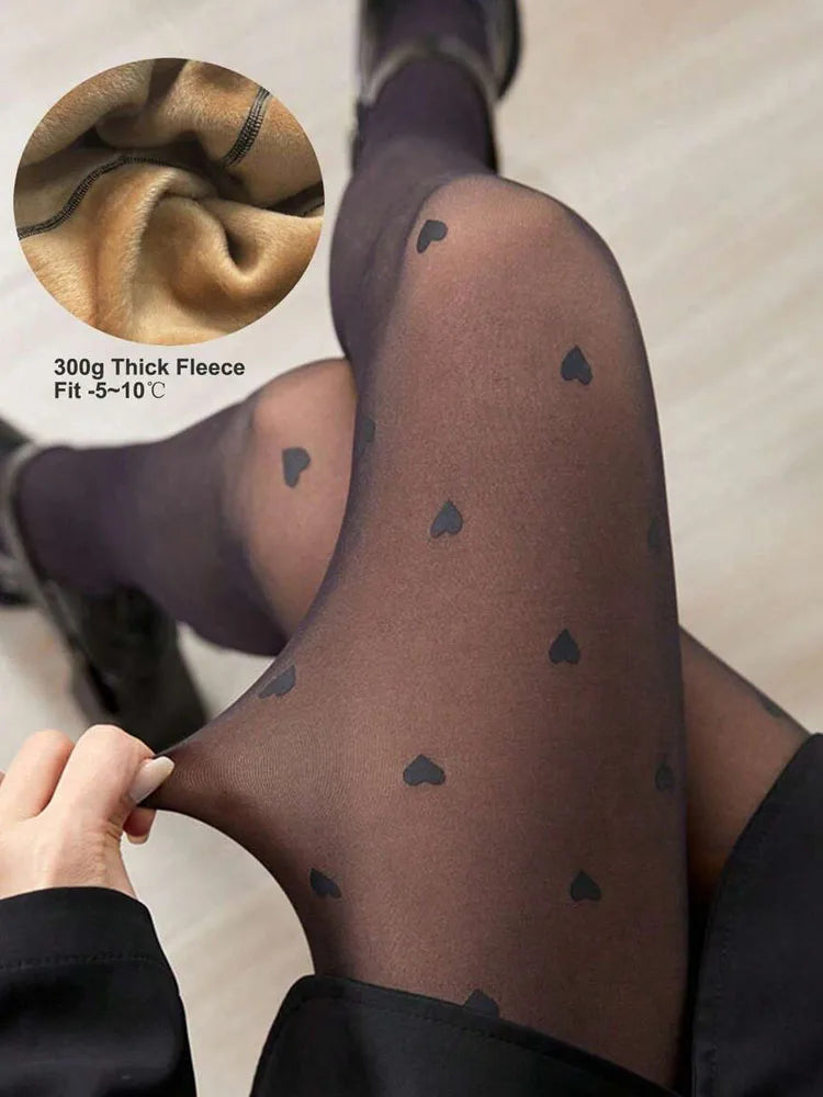 80g/300g Translucent Thicken Fleece Winter Legging Women's Pantyhose Sexy Love Printed High Waist Elastic Warm Party Tights