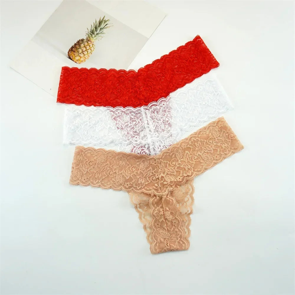 Women's Lace Thong Panties – 3-Pack Low-Rise Transparent Sexy Lingerie Set