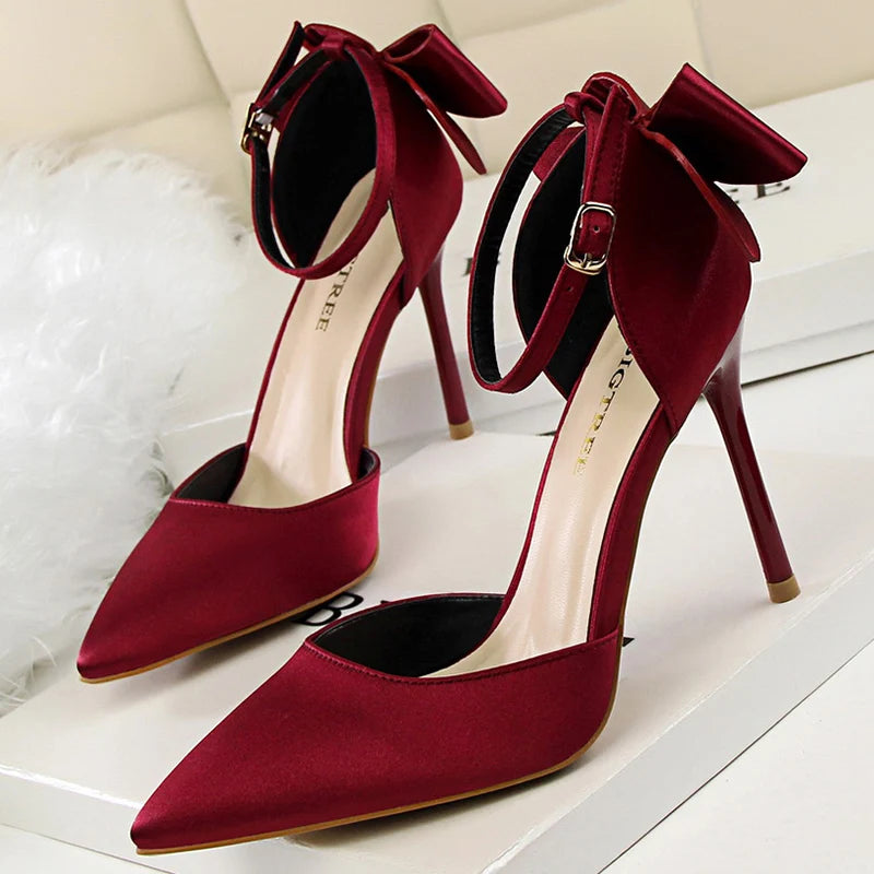 Women's High Heel Bow Sandals – Satin Ankle Strap Stiletto Heels 8cm & 10cm
