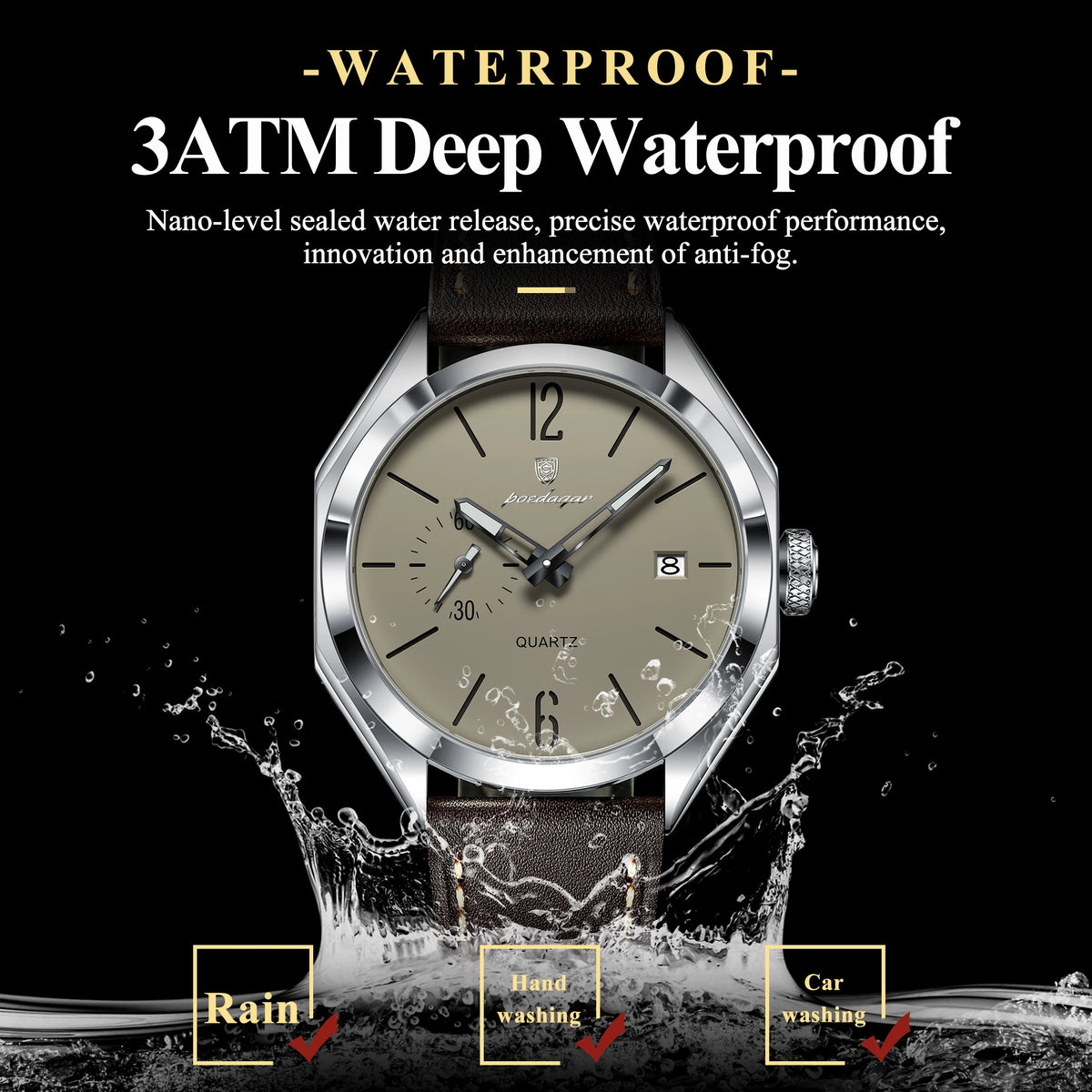 POEDAGAR Men's Leather Quartz Watch