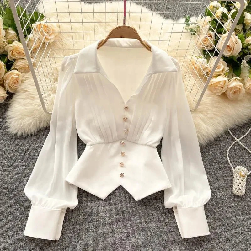 Women's Puff Sleeve Polo Blouse – Casual Button-Up Short Top