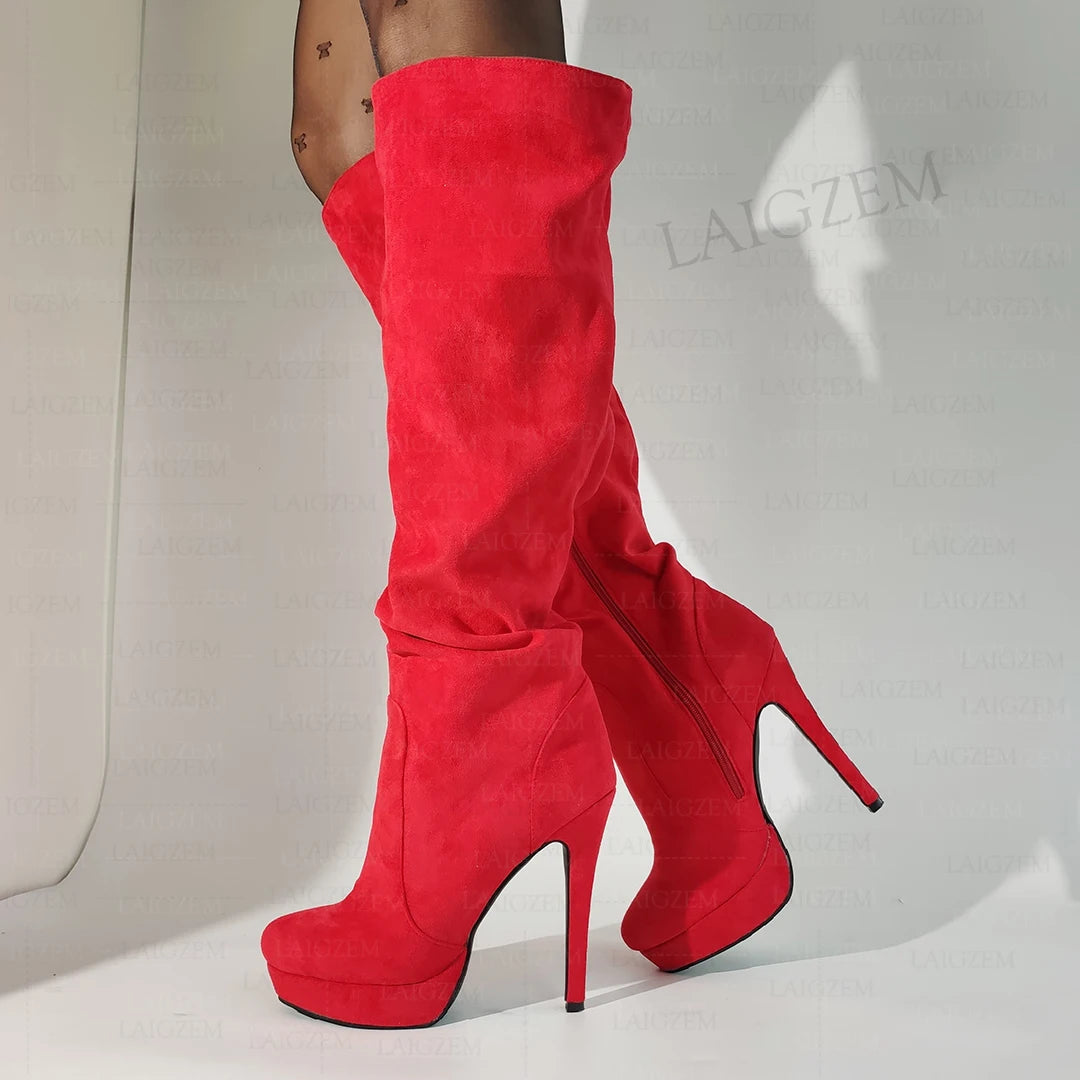 LAIGZEM Women Over Knee High Boots Faux Suede Zip Pleated Thin High Heels Boots Handmade Ladies Shoes Woman Big Size 41 43 45 52