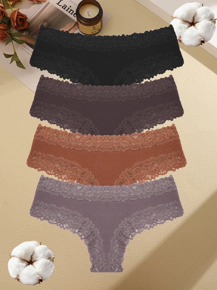 4PCS Seamless Cotton Fabric Panties For Women Sexy Lace Solid Color Brazilian Pants Female Soft Comfortable Bikini Underpants