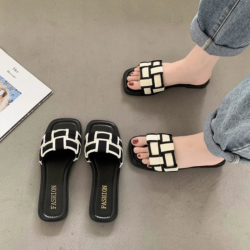 Women's Braided Roman Flat Slippers | Open-Toe Beach Sandals | Beige & Black | EU 35–40