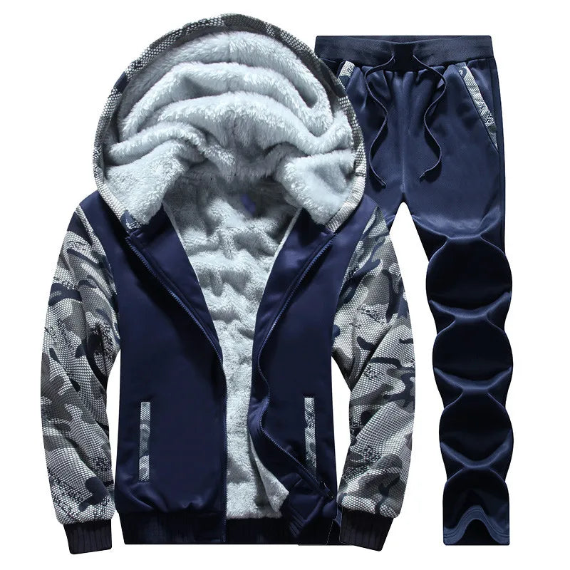 Men's autumn and winter sports set hooded casual cardigan jacket outdoor thickened warm sports shirt+pants two-piece set