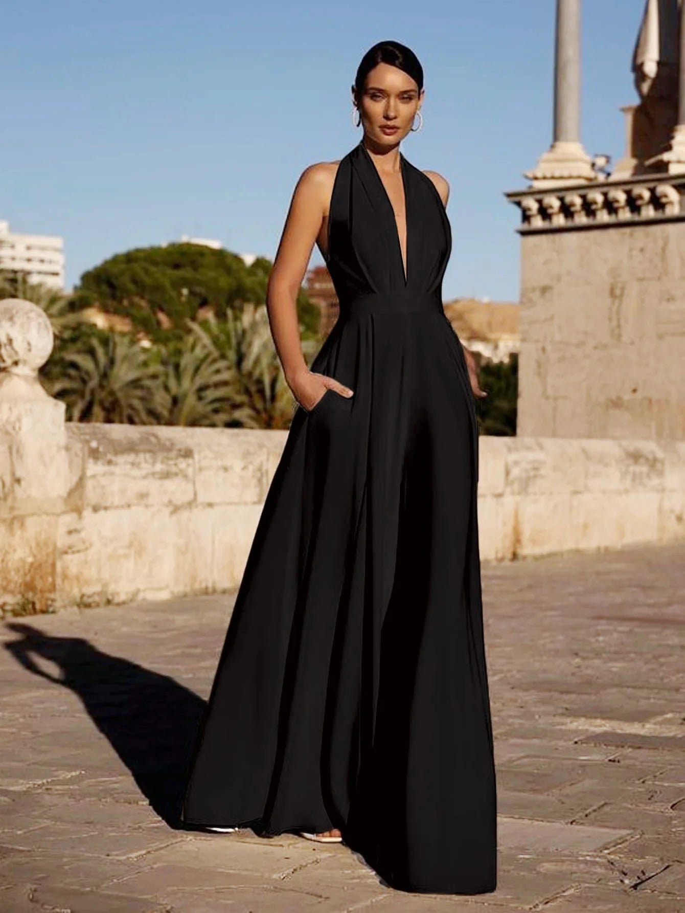 Temperament Elegant Halter Neck Jumpsuits Women Sexy Deep V-neck Backless High Waist Wide Leg Jumpsuit Solid Color Female New