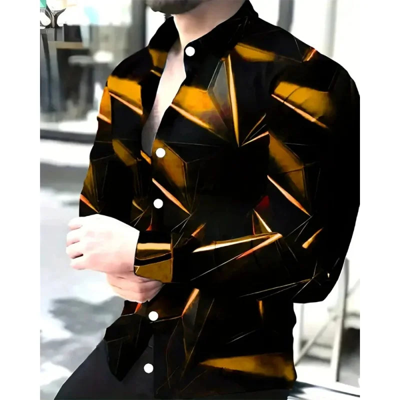 Simple Geometry Pattern Hawaiian Shirts For Men Colorful 3D Printed Aloha Shirts Casual Loose Long Sleeve Lapel Tops Blouses