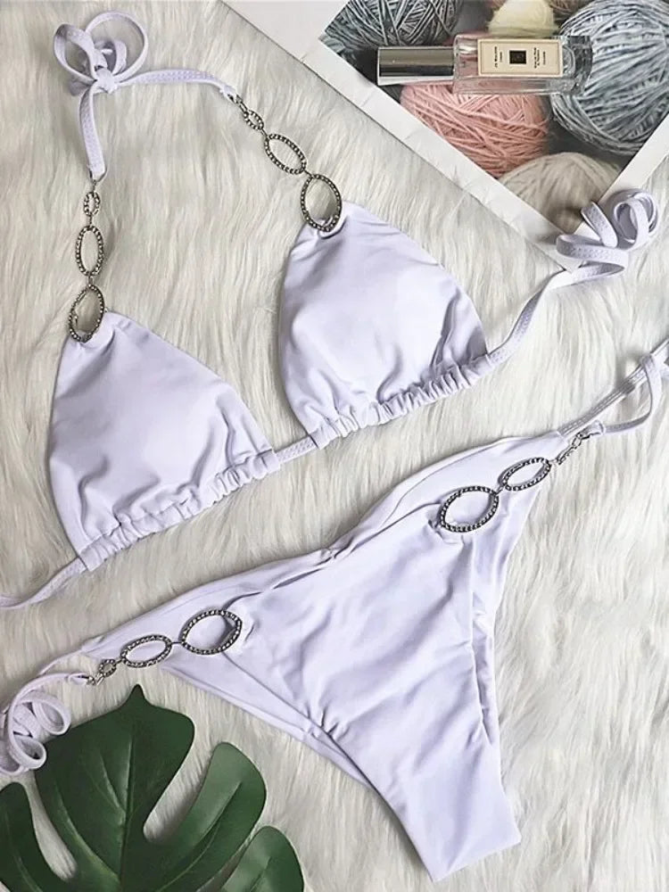 Metal Chains Rhinestones Diamond Bikini Women Swimsuit Female Swimwear Two Pieces Bikini Set Brazilian Bather Bathing Suit Swim