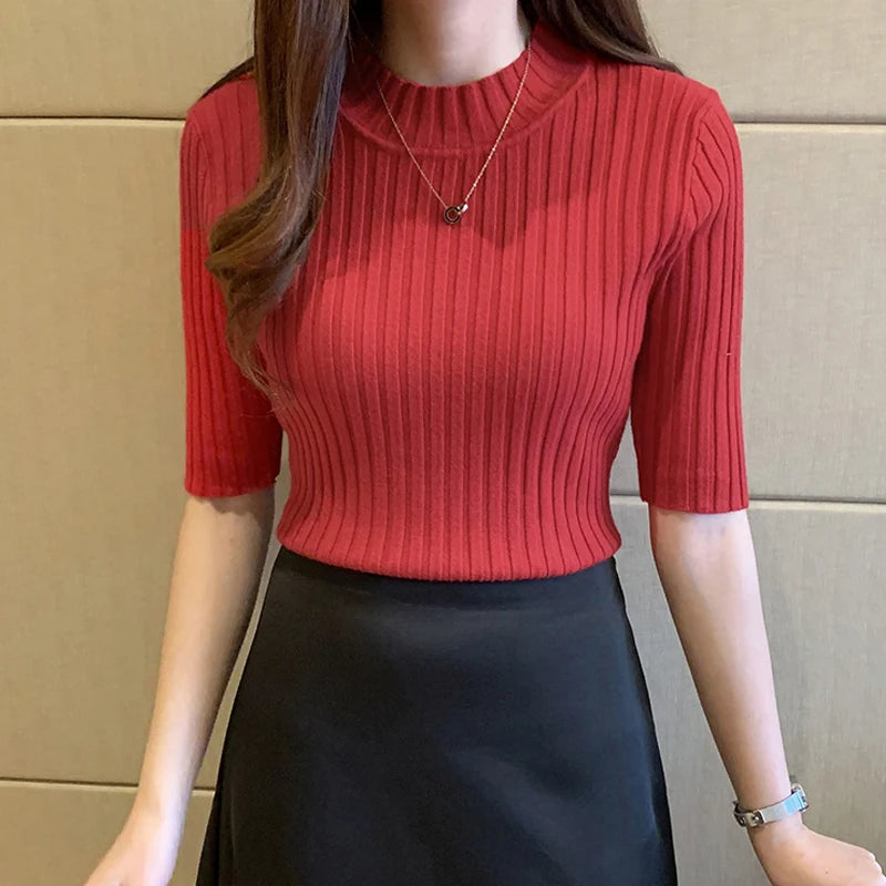 Women's Short Sleeve Knit Pullover Top | Half-High Collar | 9 Colors | One Size